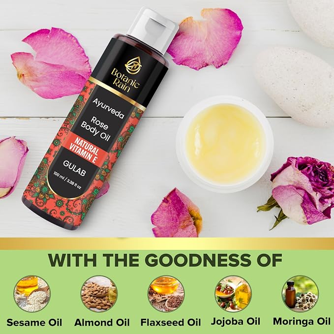 Ayurveda Rose Body Oil, Moisturizing & Hydrating Organic Vitamin E Oil - Image 5