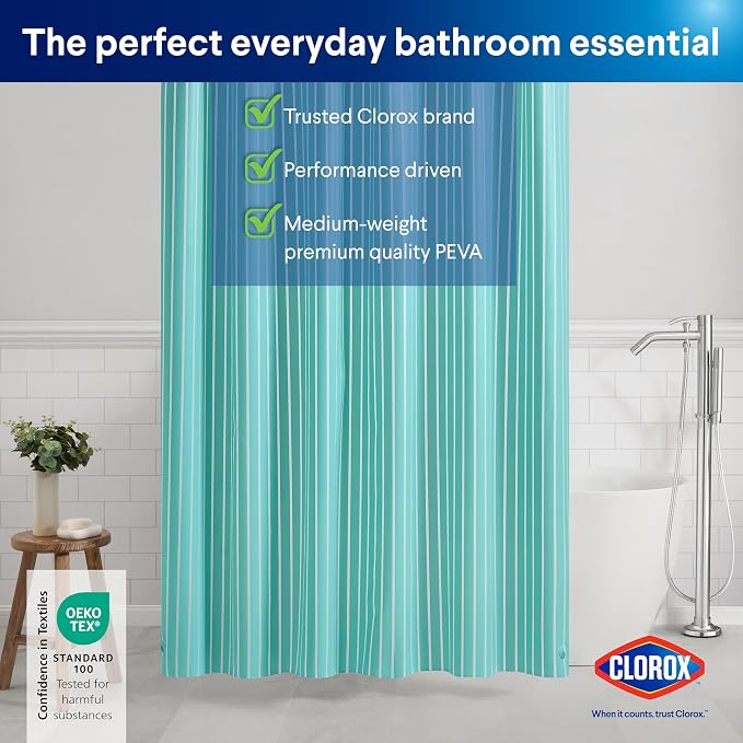 CLOROX Shower Curtain Liner, Premium Striped Medium-Weight Durable Waterproof - Image 9