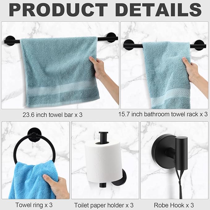 Gisafai 15 Piece Bathroom Hardware Set, 23.6 Inch Brushed Towel Bar Ring Toilet - Image 3