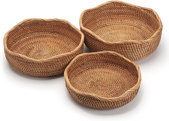 Rattan Bread Baskets Round Woven Fruit Bowls Key Holders Stackable by DECRAFTS
