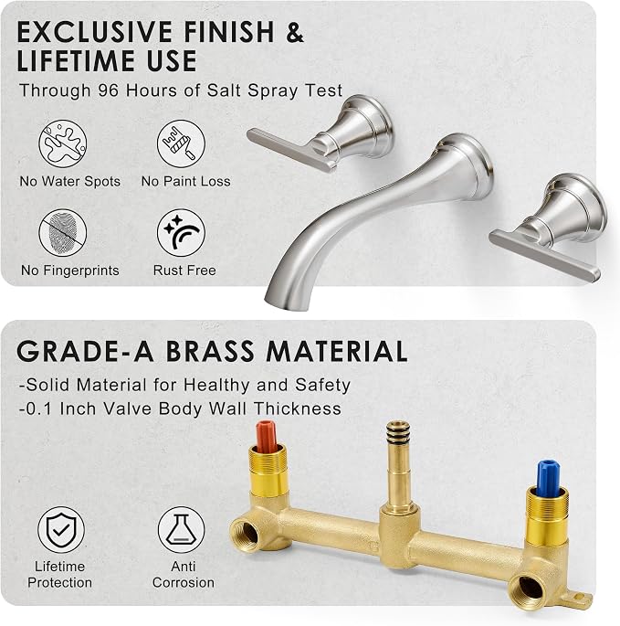 Brass Wall Mount Tub Filler, High Flow 8" Spout Reach Brushed Nickel Bathtub - Image 4