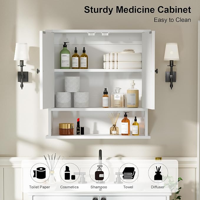 Bathroom Medicine Cabinet, 2 Doors White Bathroom Wall Cabinet - Image 4