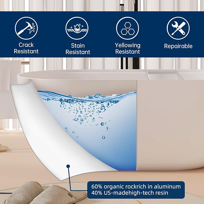 59'' Stone Resin Freestanding Bathtub, Bathroom Solid Surface Tub Bathtubs - Image 3