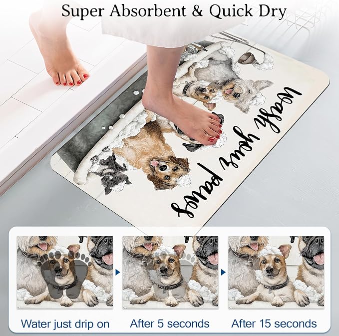 Funny Dogs Bath Mat for Bathroom, Wash Your Paws Washable Cover Floor Rug - Image 3