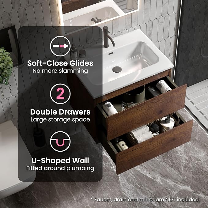 24" Bathroom Vanity with Sink, Modern Floating Vanity with Double Soft Closing - Image 5