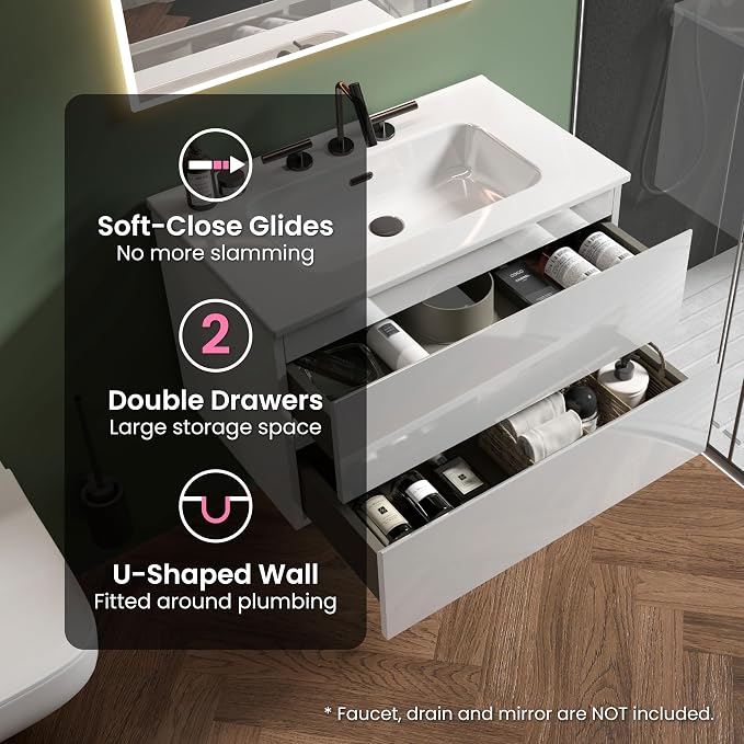 30" Bathroom Vanity with Sink, Modern Floating Vanity with Double Soft Closing - Image 5