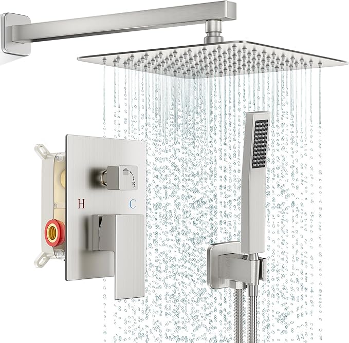 Shower Faucet Set Bathroom Square Rain Shower Head and Handle Set, Wall Mounted by FPXRNG