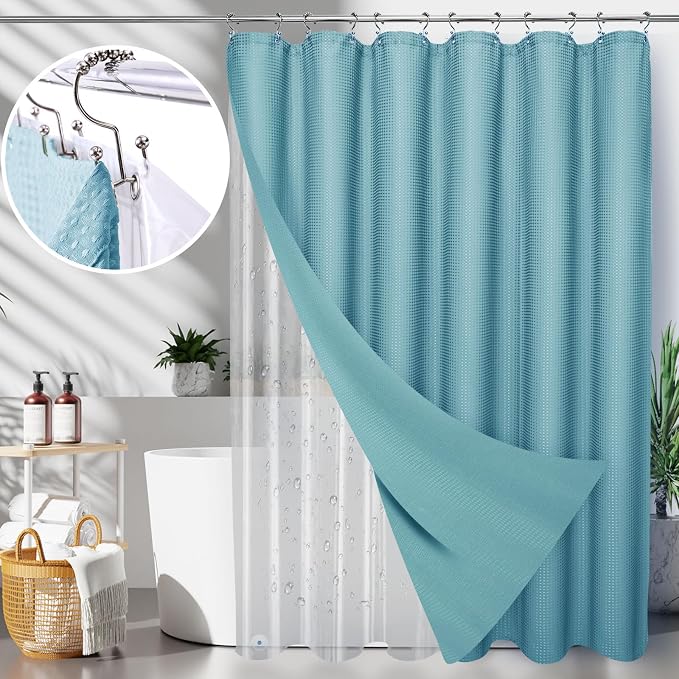 LaCyan 3 in 1 Waterproof Waffle Weave Shower Curtain and Clear Liner Set by Lacyan