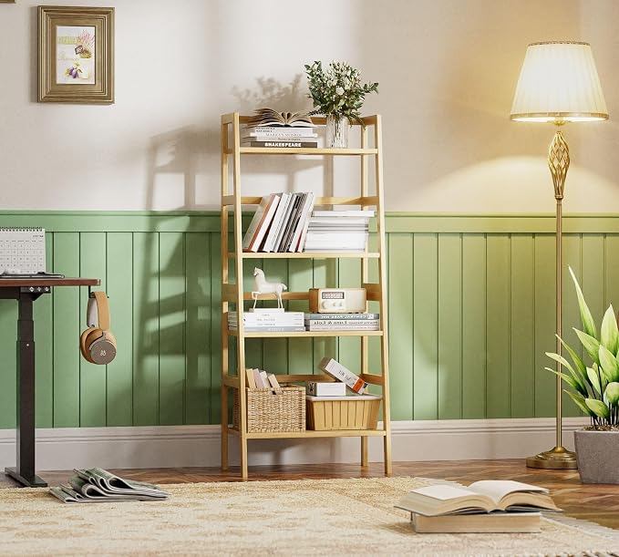 HITNET Ladder Shelf, 4-Tier Bookshelf, Bamboo Leaning Bookcase, Display Storage - Image 2