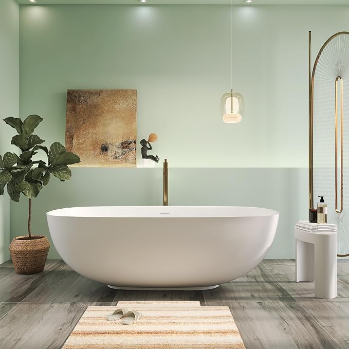 67" Upgraded Modern Solid Surface Free Standing Tub, Unique Matte White Stone by HIGEINE