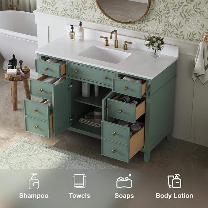 48" Bathroom Vanity with Sink, Sea Green Painted Vanity with Countertop & - Image 5