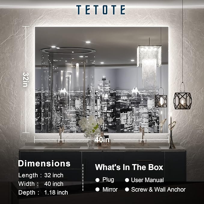 TETOTE 40 x 32 LED Backlit Bathroom Mirror - Image 6