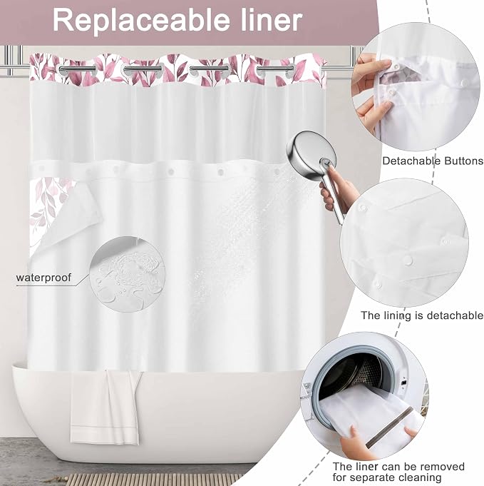 No Hook Shower Curtain and Liner Set, Dark Red Eucalyptus Floral Shower Curtains - Image 3