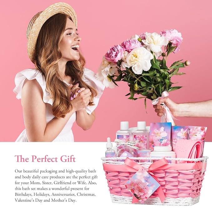 Bath & Body Gift Set, Luxury Home Spa Bath Gift Basket, Cherry Blossom spa kit - Image 2