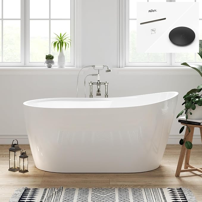 FerdY Lana'i 60" Freestanding Bathtub, Gracefully Shaped Freestanding Soaking by FerdY