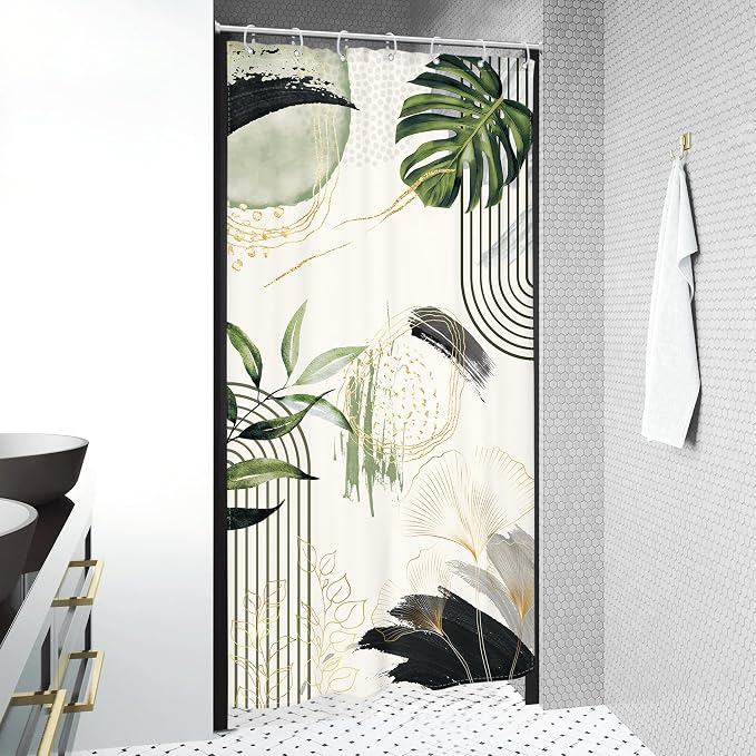 Grey Green Boho Small Shower Curtain 36Wx72H Stall RV Narrow Tropical Palm - Image 3