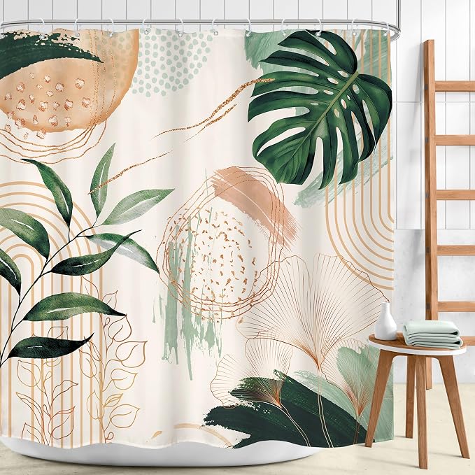 Boho Shower Curtain 72Wx72H Modern Bohemian Abstract Tropical Green Leaves - Image 2