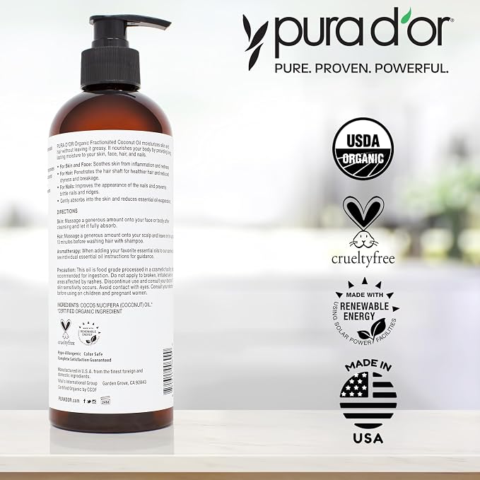 PURA D'OR 16 Oz ORGANIC Fractionated Coconut Oil – USDA Certified – MCT Oil – - Image 7