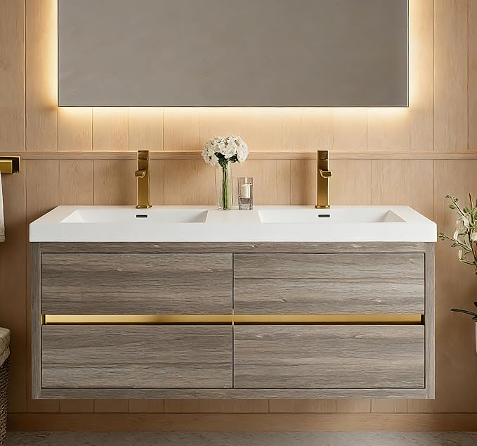 60" Wall-Mounted Bathroom Vanity, Double Sink Floating Cabinet by VUMALL