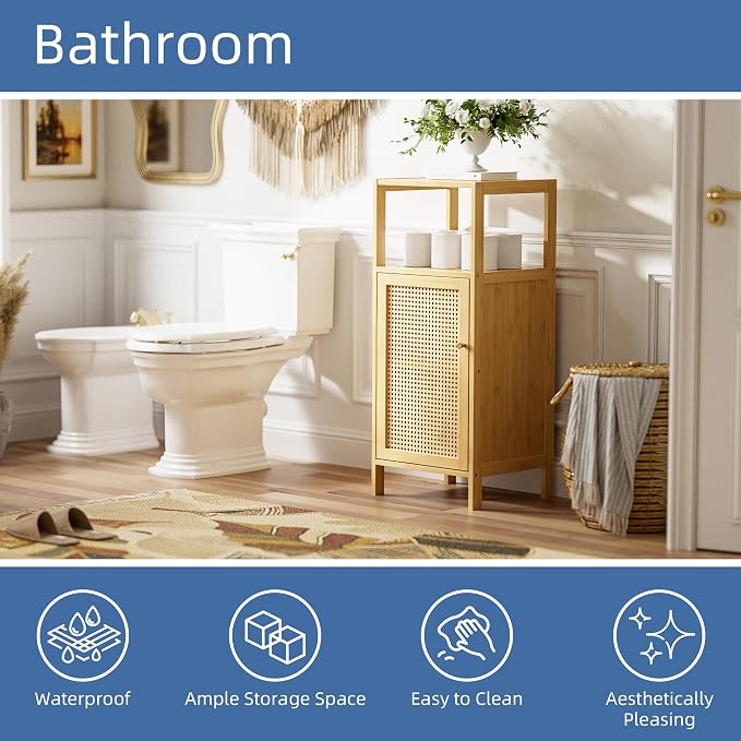 HITNET Rattan Bathroom Storage Cabinet, Small Bamboo Floor Cupboard - Image 4