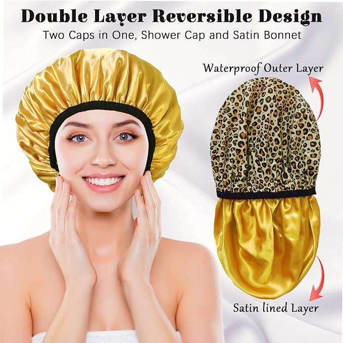 Shower Cap for Women, Shower Caps Reusable Waterproof, Large Plastic Satin - Image 3