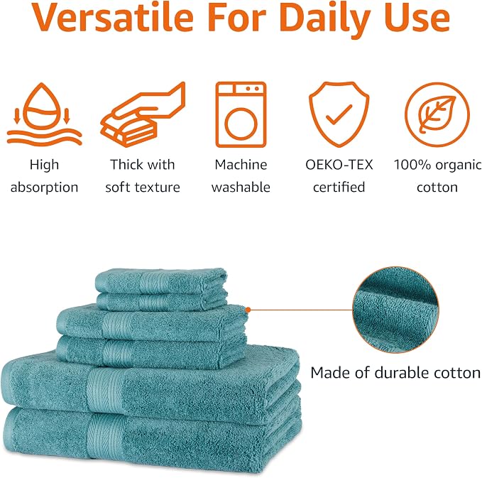 Amazon Basics Fade Resistant Bath, Hand and Washcloth Towel Set, 100% Cotton - Image 2