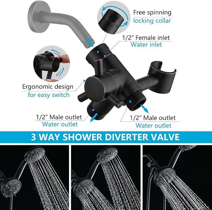 PDPBath Solid Brass Shower Arm 3 Way Shower Diverter Valve - Image 2