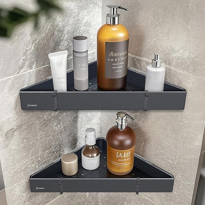 Corner Shower Shelves with Hooks, Rustproof Metal 2-Tier Shower Corner Caddy by FIESONO