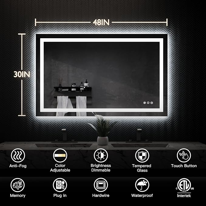 ISKM 48'' x 30'' LED Mirror for Bathroom Lighted Vanity Mirror for Wall Front - Image 7