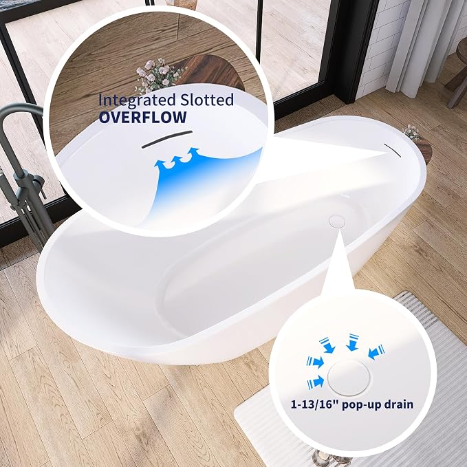59" Acrylic Free Standing Tub, Stand Alone Tub, Freestanding Bathtub, Soaking - Image 7