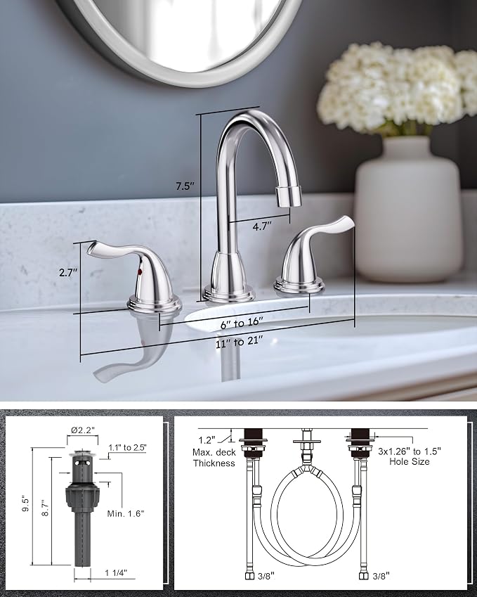 ARCORA Bathroom Sink Faucet 3 Hole, 8 Inch Widespread Bathroom Faucet, Chrome - Image 7