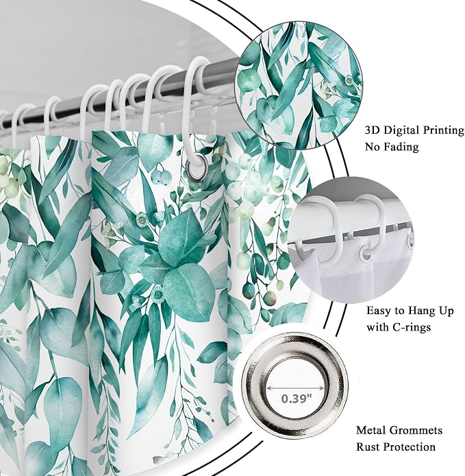 Riyidecor Teal Eucalyptus Leaves Shower Curtain - Image 5