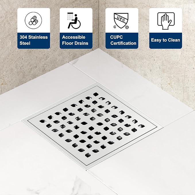 Neodrain Square Shower Drain, 6 inch Stainless Steel 304 Grate and PVC Drain - Image 4