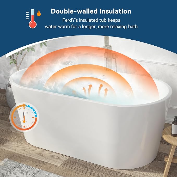 FerdY Shangri-La 59" Acrylic Freestanding Bathtub, Gracefully Shaped Soaking - Image 2