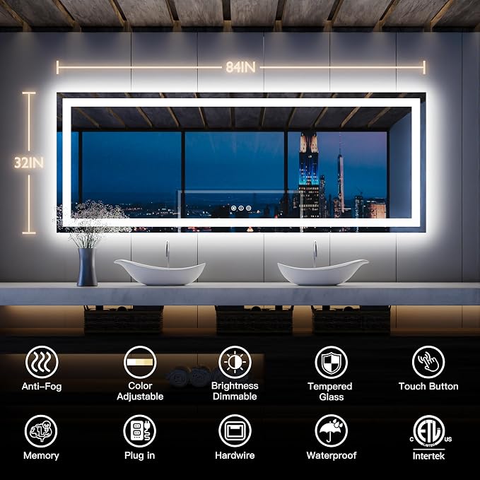 ISKM 84'' x 32'' LED Mirror for Bathroom Lighted Vanity Mirror for Wall Front - Image 7