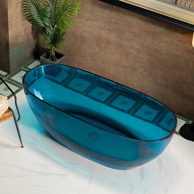 WOODBRIDGE 63" L x 28-3/8" W Transparent Blue Stone Resin Freestanding Soaking - Image 3