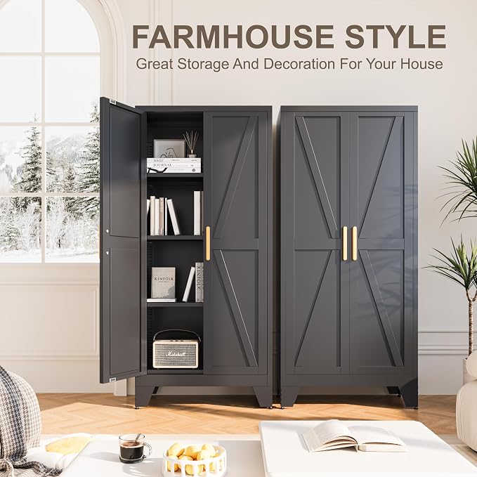 61H Metal Storage Cabinet with 2 Doors and Adjustable Shelves, Farmhouse - Image 5