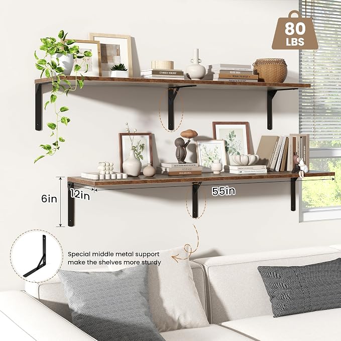 Fun Memories Rustic Brown 12 Inch Deep Floating Shelves Set of 2, Wall Mounted - Image 4
