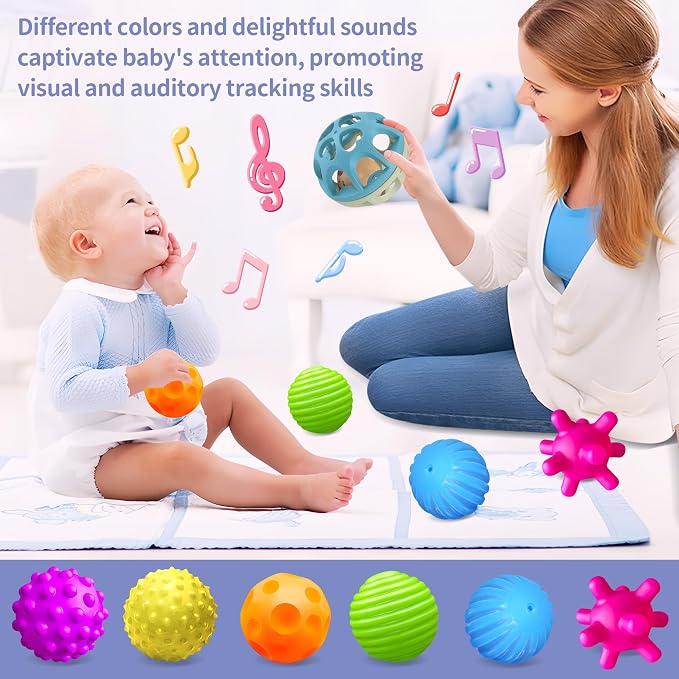 Sensory Toys for Babies, Montessori Textured Baby Balls and Wheat Straw Rattle - Image 4