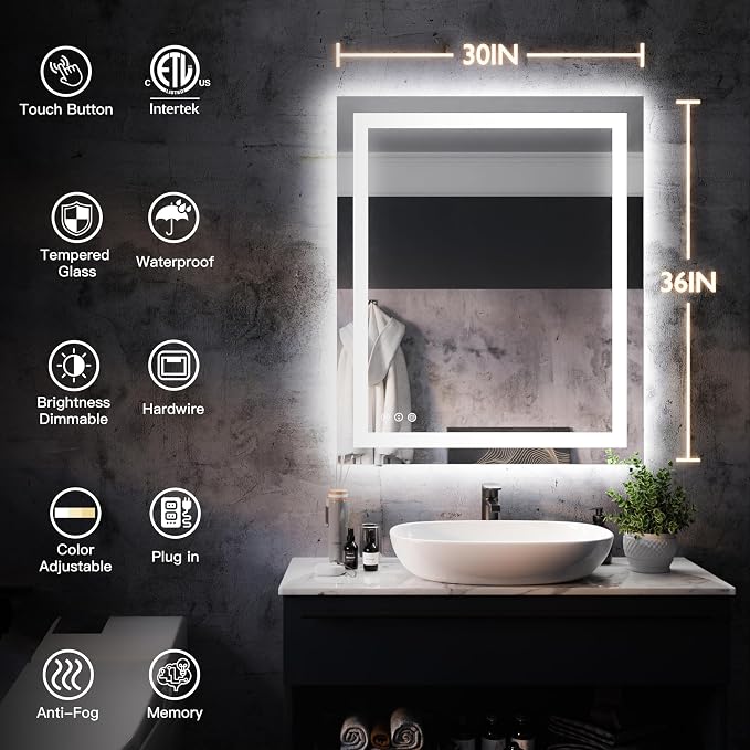 ISKM 36'' x 30'' LED Mirror for Bathroom Lighted Vanity Mirror for Wall Front - Image 7