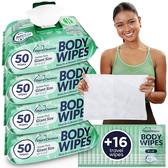 Body Wipes for Women, Extra Moist No Rinse Bathing Sheets – 200 XL Shower by DuraCleanse