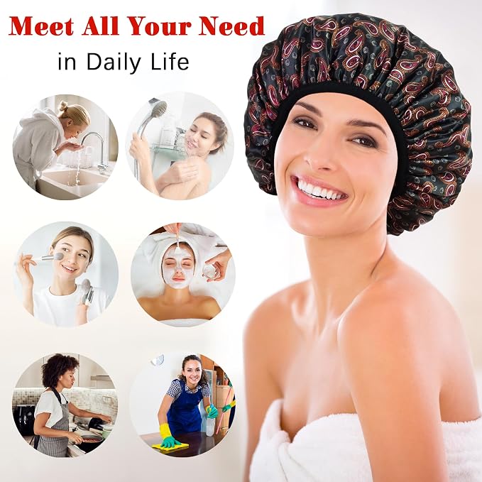 Shower Cap Reusable Waterproof, Terry Lined Shower Caps - Image 6