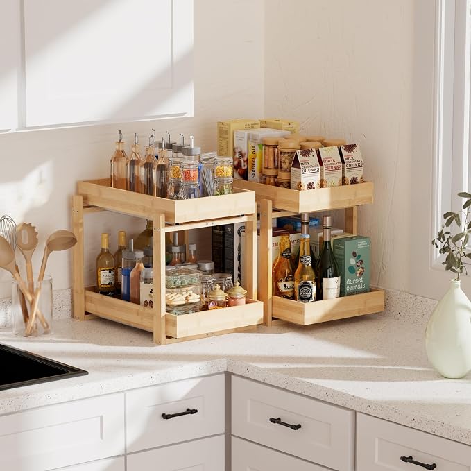 2 Pack Under Sink Organizer, Bamboo Wooden 2-Tier Pull-Out Storage - Image 2