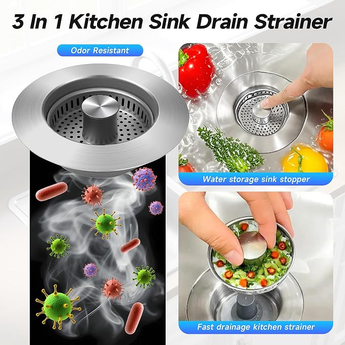 3 in 1 Kitchen Sink Drain Strainer Sink Stopper, Stainless Steel Sink Drain - Image 2