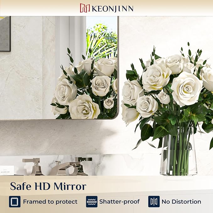 Keonjinn 24 x 32 Inch Brushed Nickel Mirrored Medicine Cabinet, Recessed - Image 8