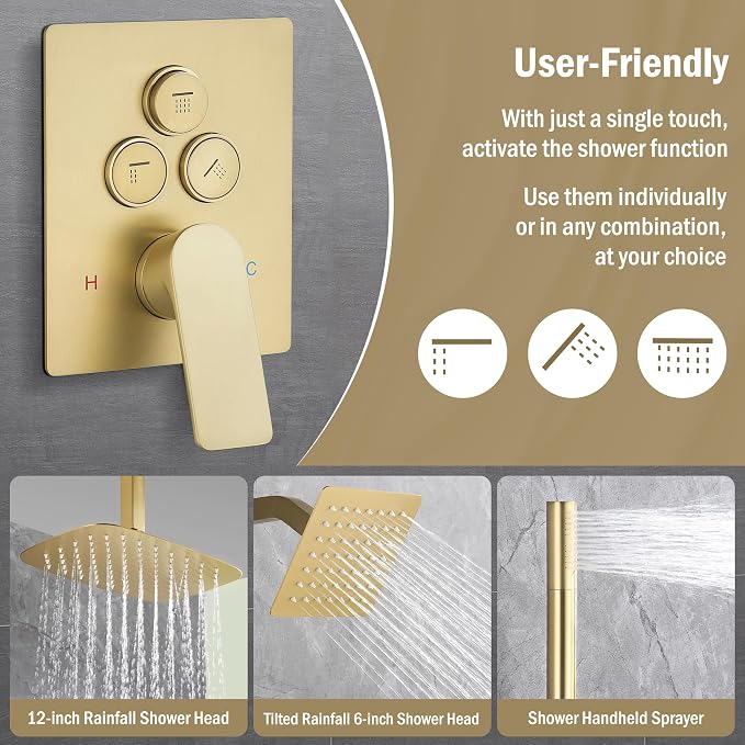 12 Inch Rain Shower System, Brushed Gold Shower Faucet Set - Image 5