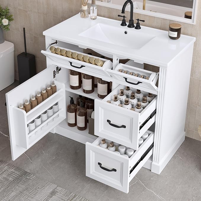 36 in Bathroom Vanity with Sink, Drawers and Flip-Out Drawers, Modern Solid by Virubi