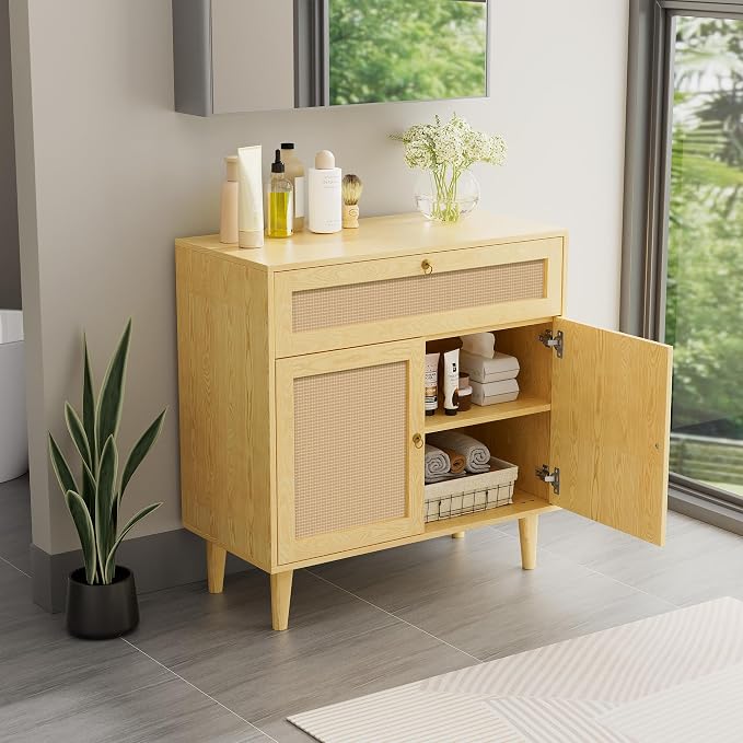 Storage Cabinet with Rattan Decor Doors & Drawer, Modern Bathroom Floor Storage by GRUSIGN