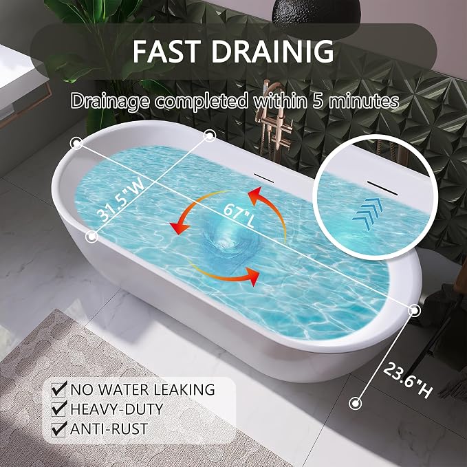 67" Free Standing Tub, Pure Acrylic Freestanding Bathtub, Stylish Stand Alone - Image 5