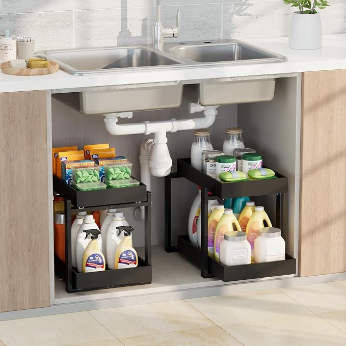 2 Pack Under Sink Organizer, Bamboo Wooden 2-Tier Pull-Out Storage by HEALTHYYOU